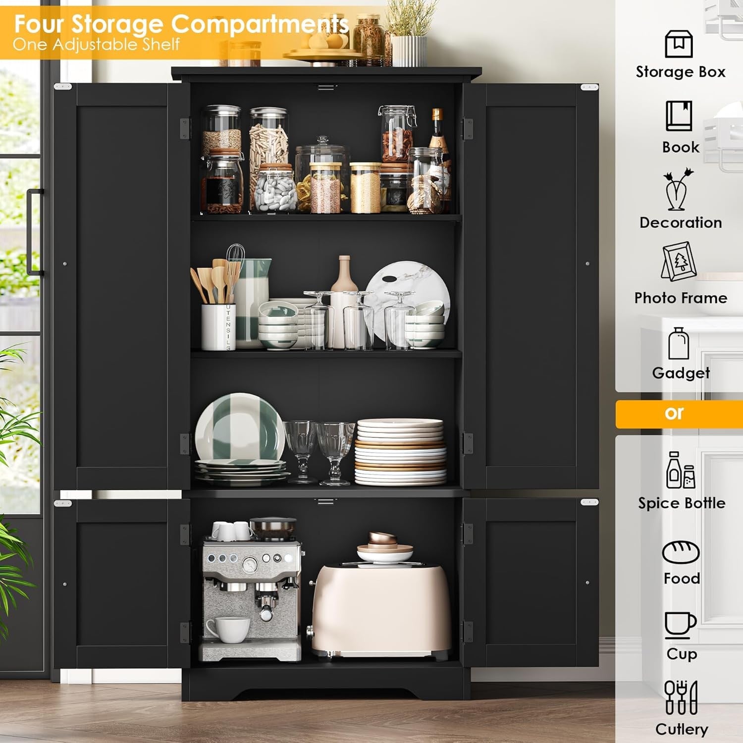 Black Kitchen Cupboard 4 Door Freestanding Storage Cabinet with Shelves