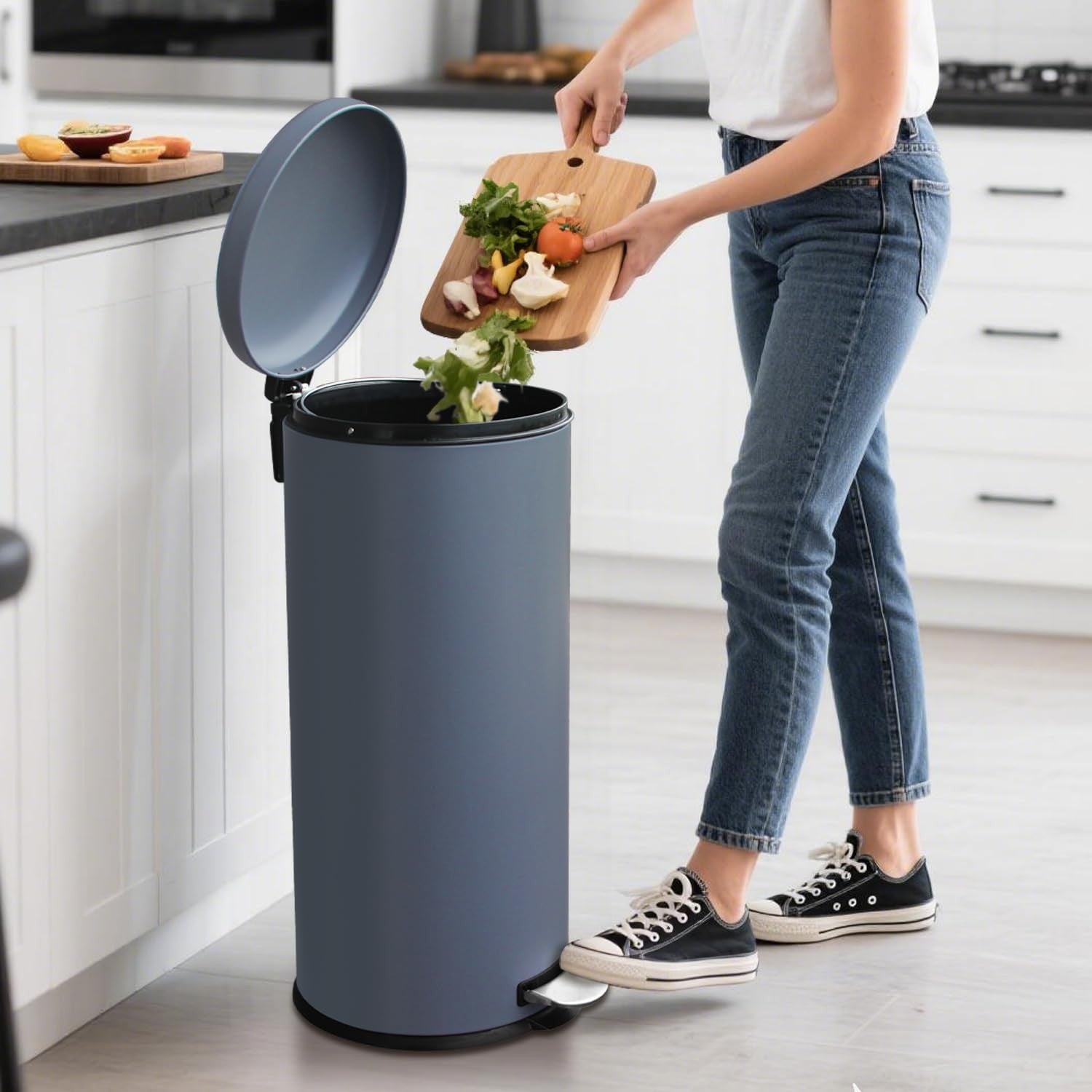 30L Round Stainless Steel Pedal Bin Soft Close Kitchen Grey