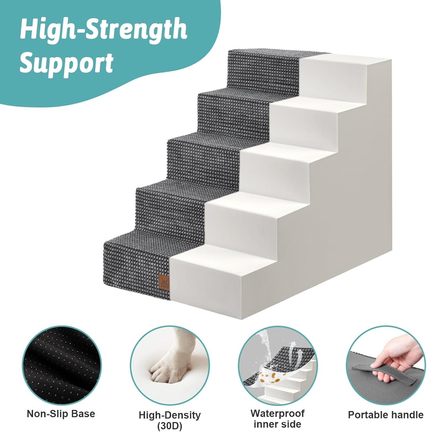 Wide Dog Stairs Non-Slip Pet Steps 4 Small Dogs Cats Puppy 75x50x60cm Dark Grey