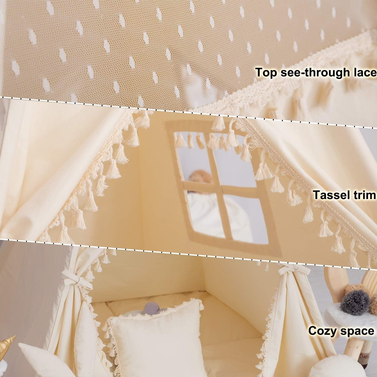 Kids Teepee Tent Cotton Canvas w Padded Mat Banner Tassels