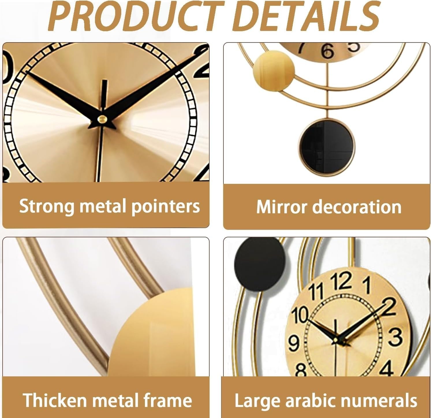 Large Gold Wall Clock Silent Non-Ticking Modern Art Deco 64cm Home