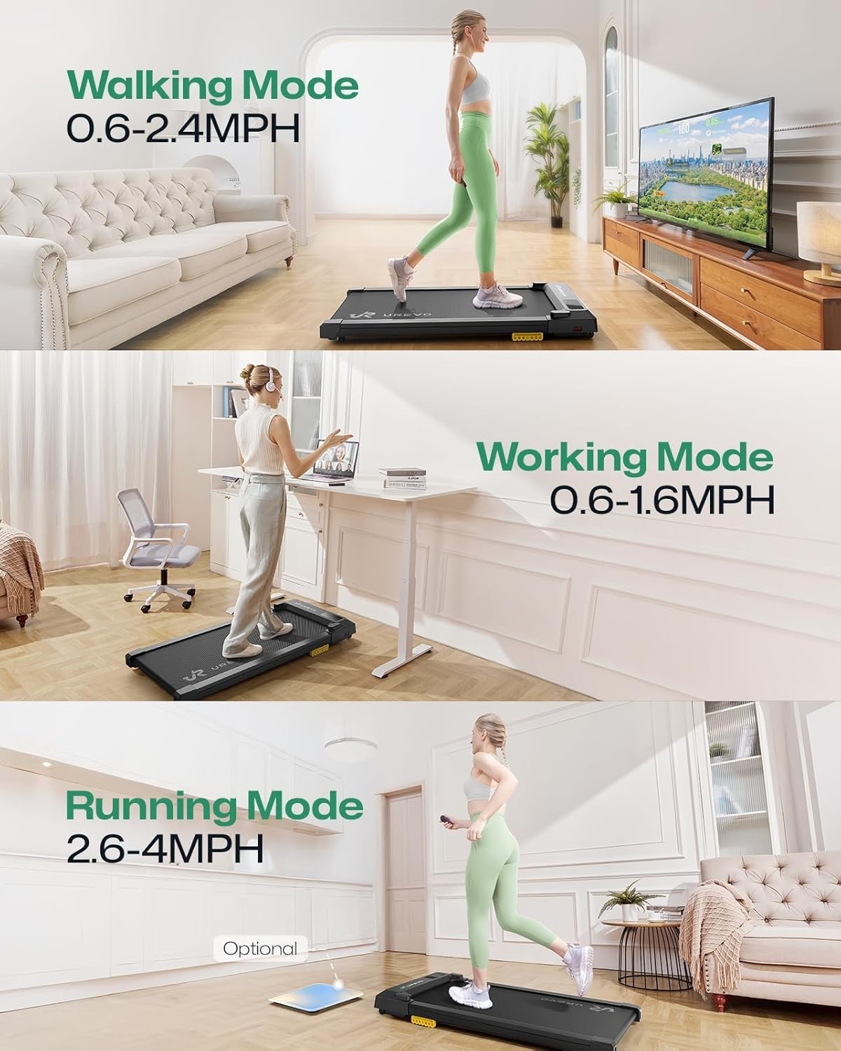 Compact 3-in-1 Under Desk Treadmill | Portable, Quiet, Shock Absorbing