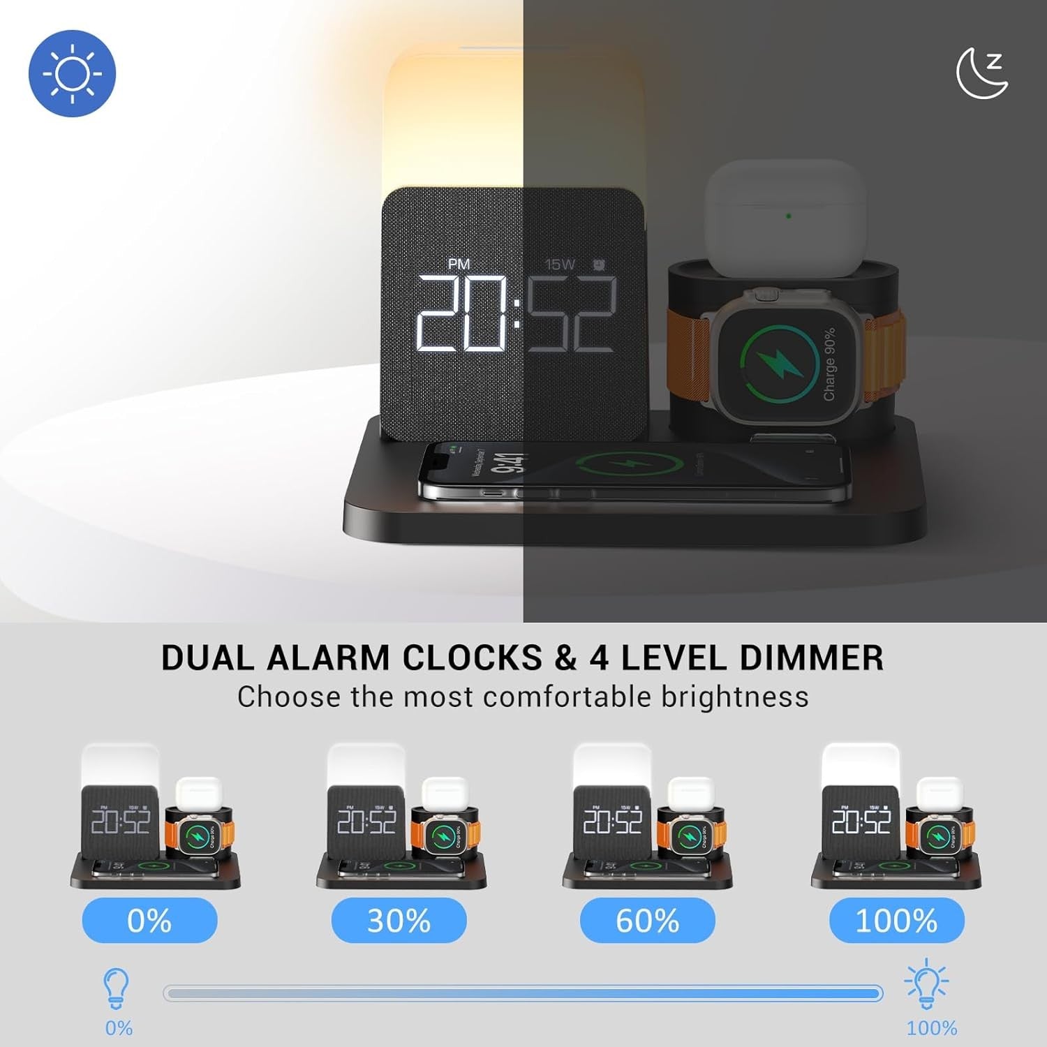 6 in 1 Wireless Charging Station MagSafe Alarm Clock Night Light Stand