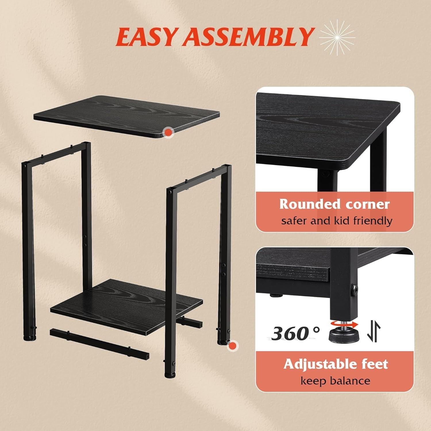 Set of 2 Industrial 2-Tier Side Tables with Adjustable Feet, 50kg Load Capacity