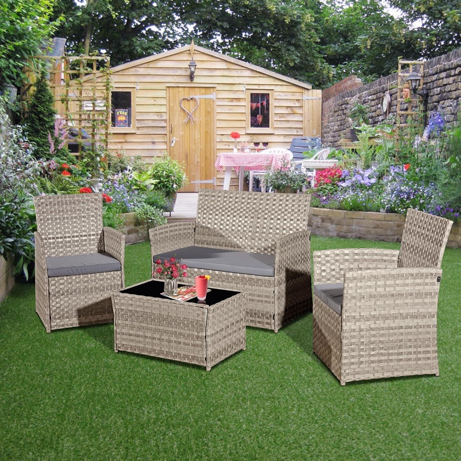 4pc Rattan Garden Furniture Set w/Cover Sofa Chairs Coffee Table Grey