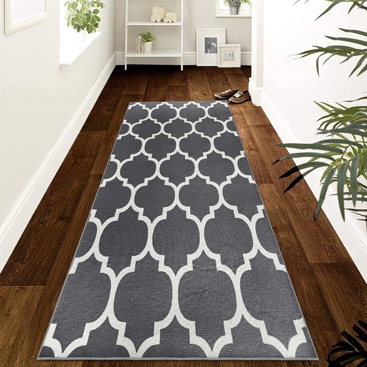 Grey White Runner Rug 80x300cm Non Slip Low Pile Hallway Geometric Carpet