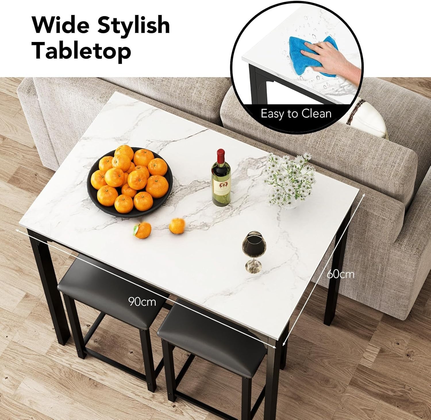 3 Piece Breakfast Bar Table Set with Stools Small Space Dining Table White