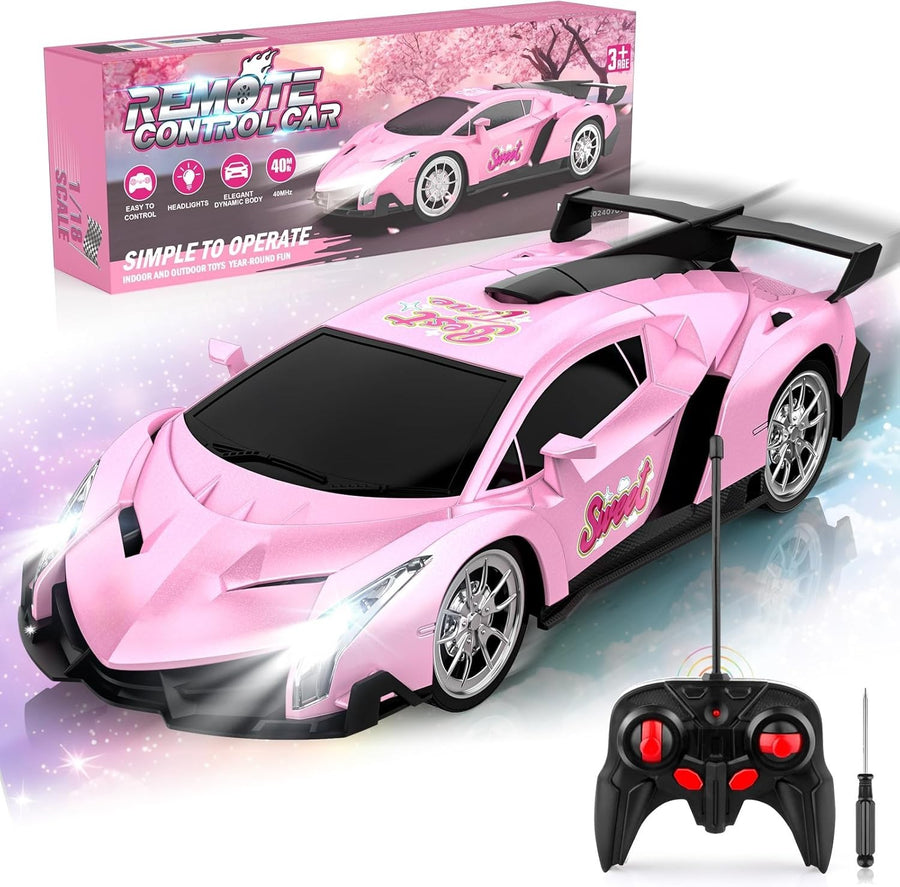 Pink RC Racing Car 1:18 Remote Control Toy with LED Lights for Girls 3+