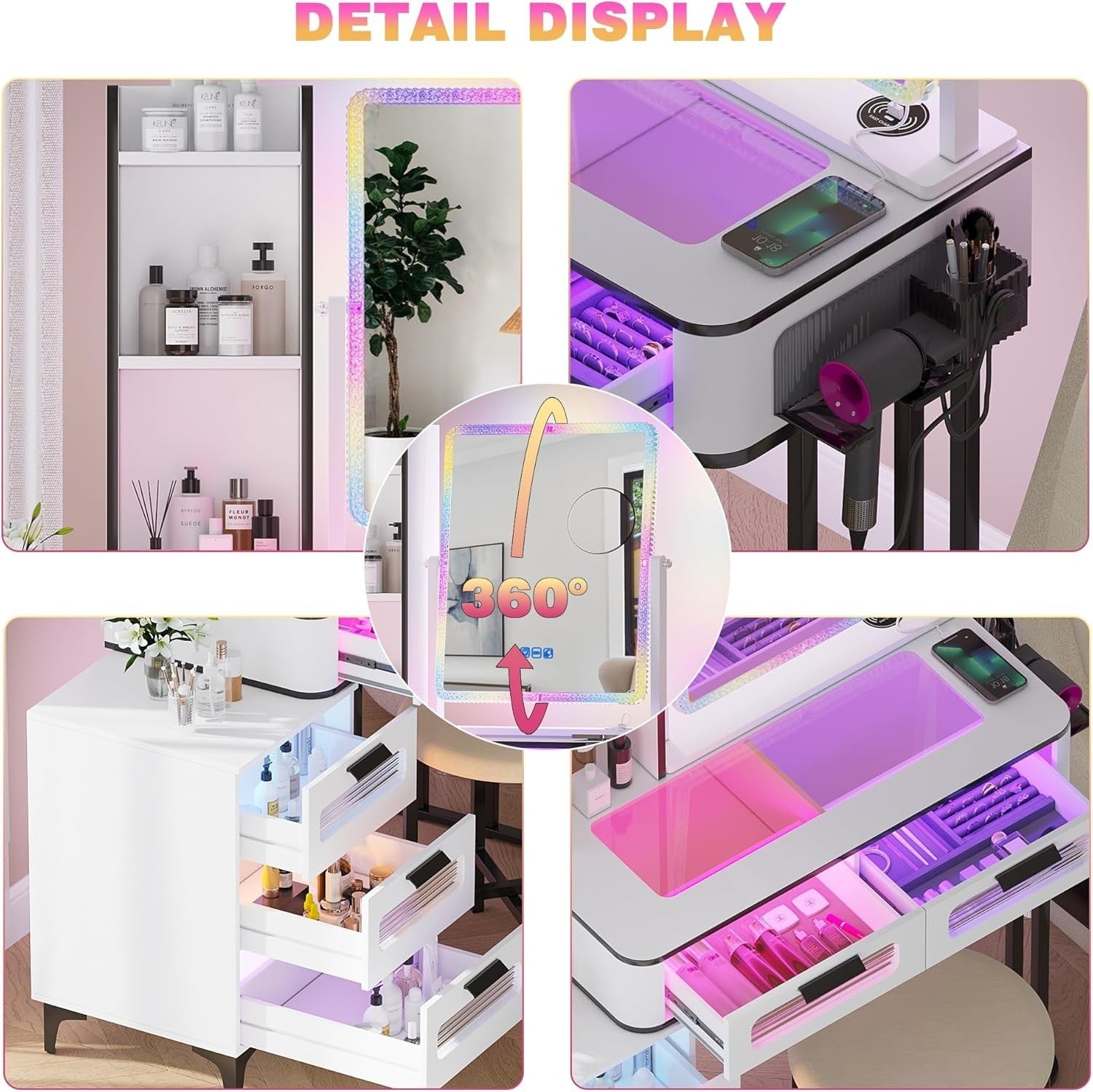 White Vanity Dressing Table Set 10 LED Lights Storage Shelf Cabinet & Gold Handl
