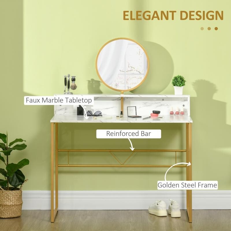 Modern White Vanity Desk w/ Mirror Marble Top Makeup Table Gold Legs