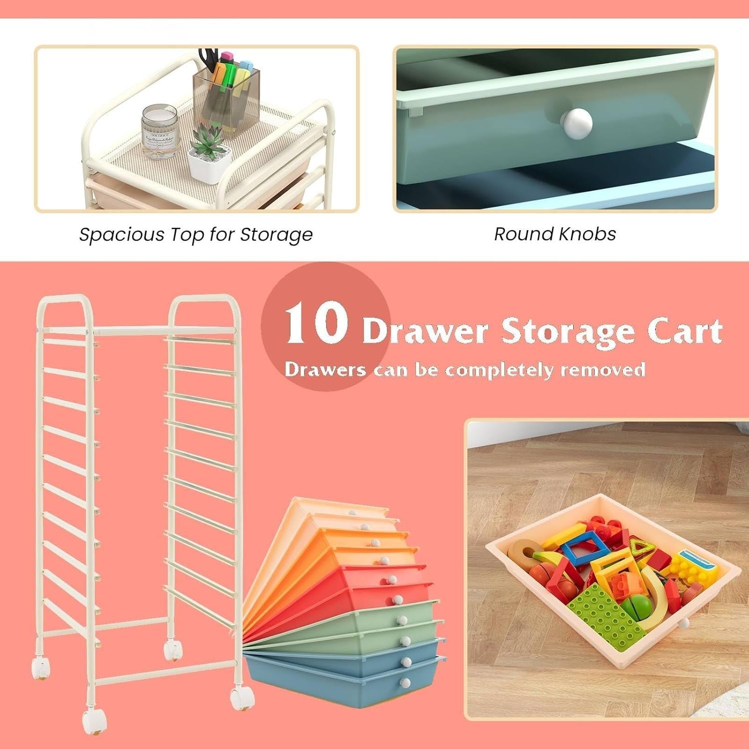 Colorful 10 Drawer Rolling Storage Trolley Utility Organizer Cart Wheels