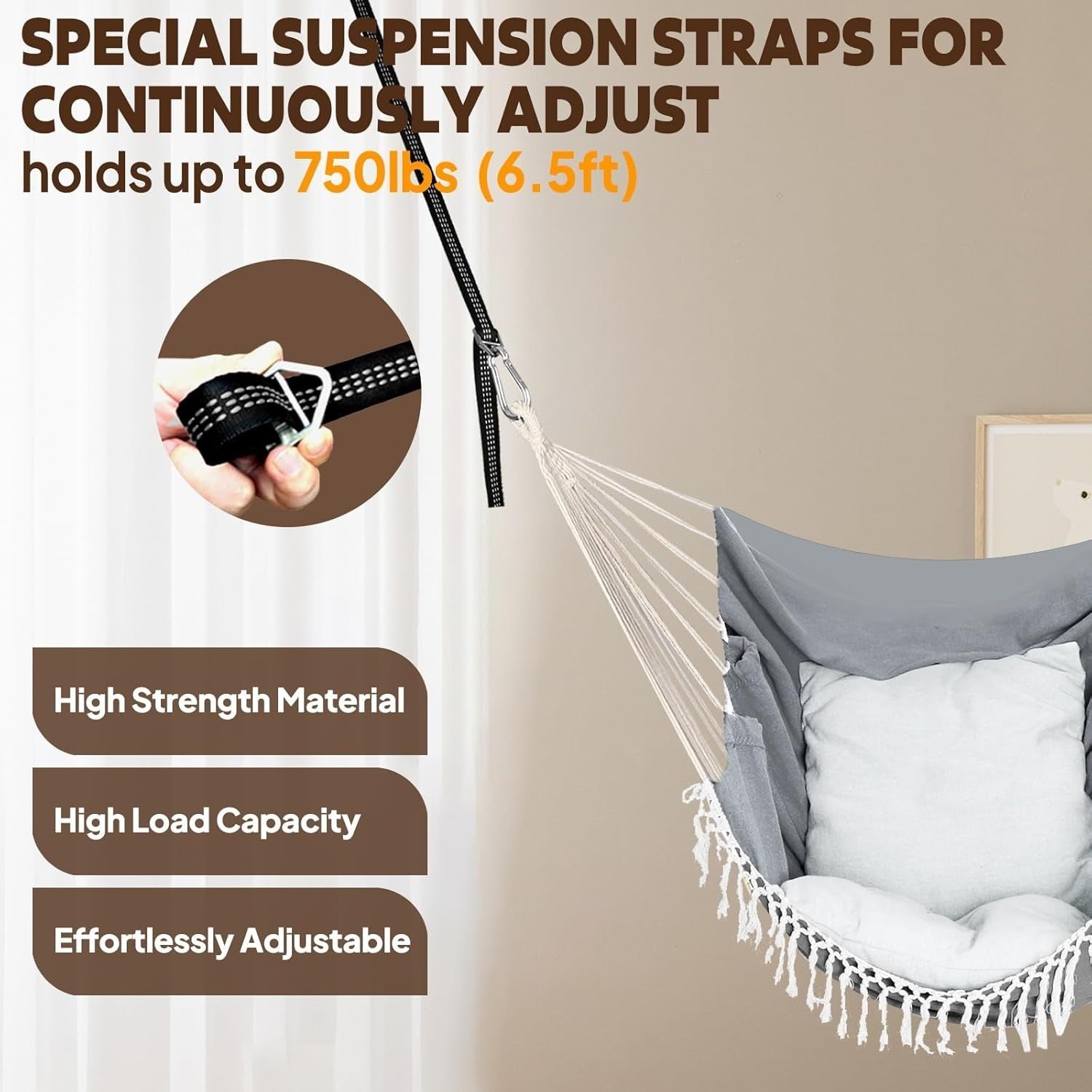 Hammock Chair with 2 Cushions & Straps | 550lbs Indoor Outdoor Swing Seat