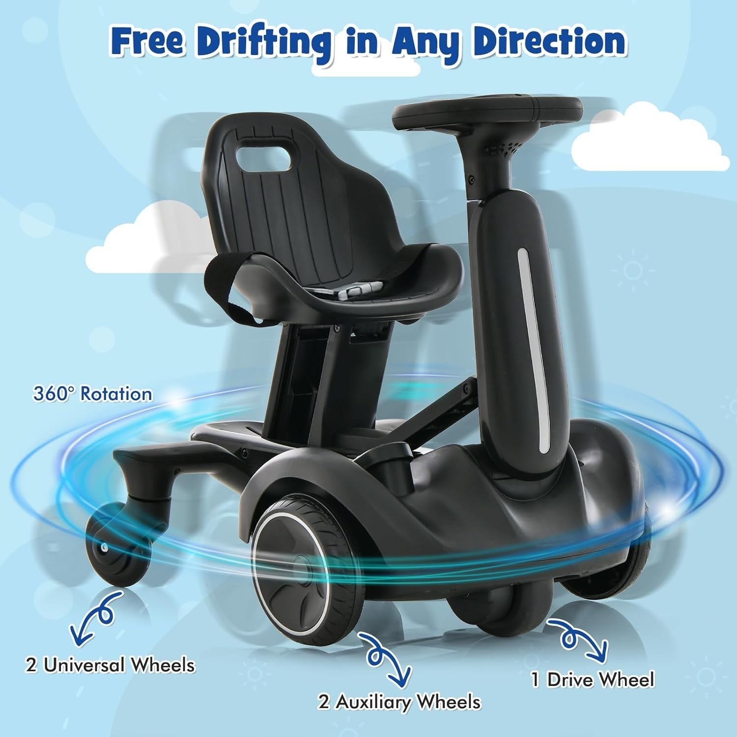 Kids Electric Drift Go Kart 6V Ride On Car 360 Spin Adjustable Seat Black