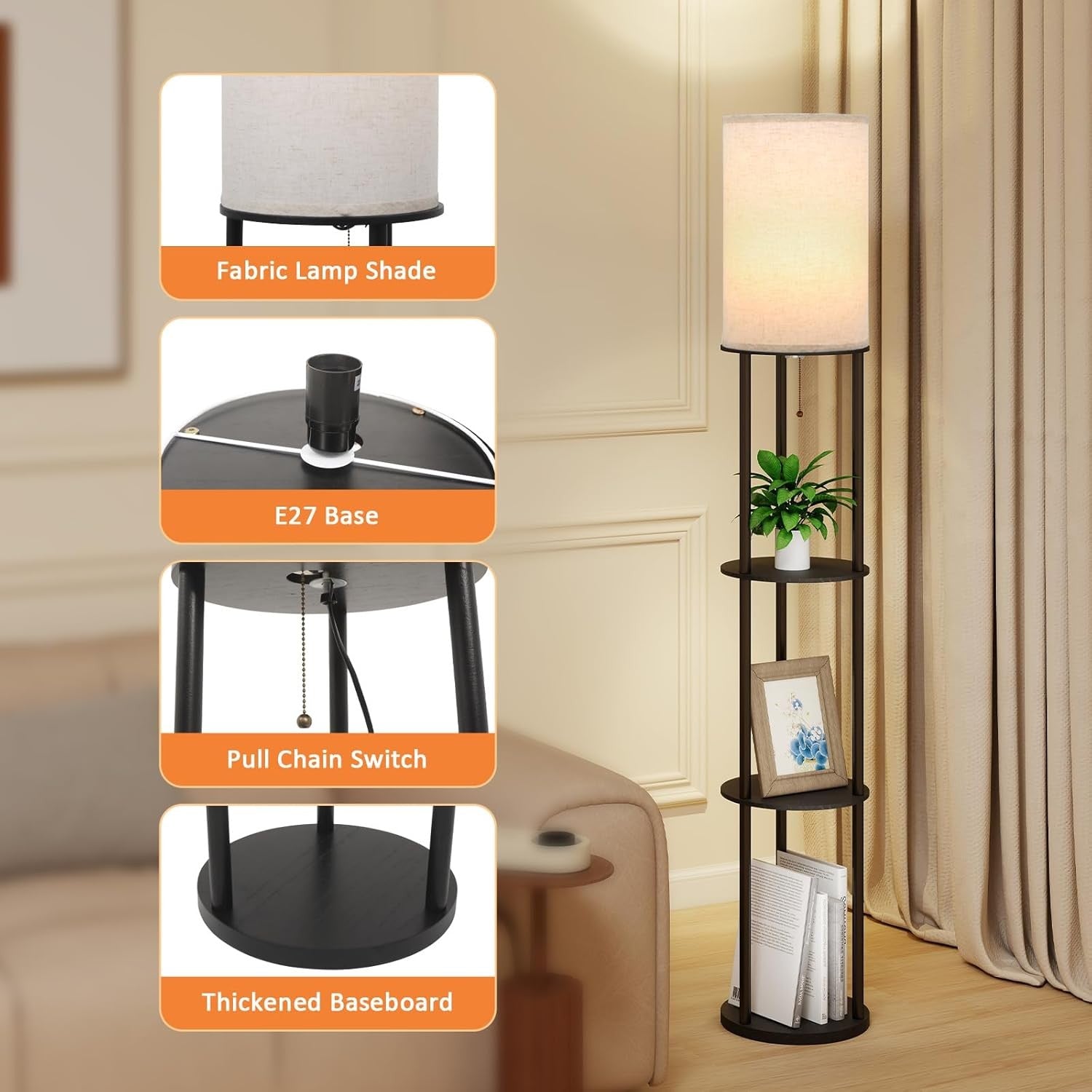 Floor Lamp with Shelves Tall Standing Light E27 Storage Display Lamp Black