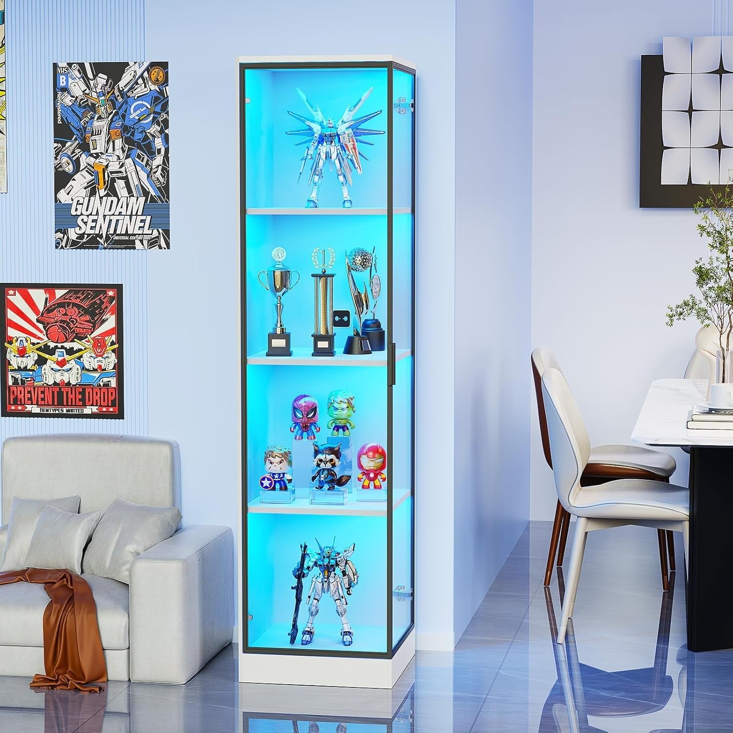 White LED Corner Display Cabinet 4-Tier Glass Showcase Unit with Sensor Lighting