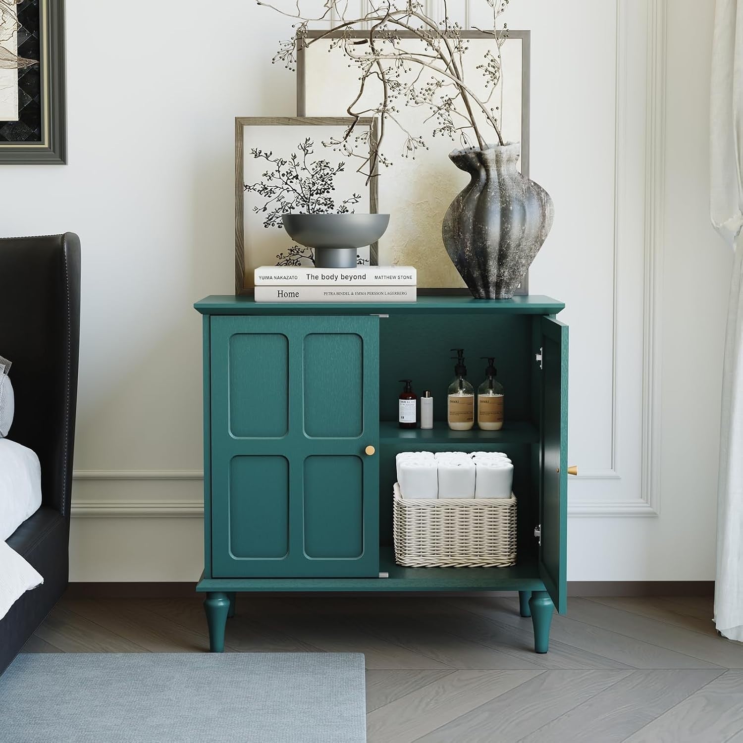 Modern Green Sideboard with Wine Glass Rack, Storage Cabinet for Living Room