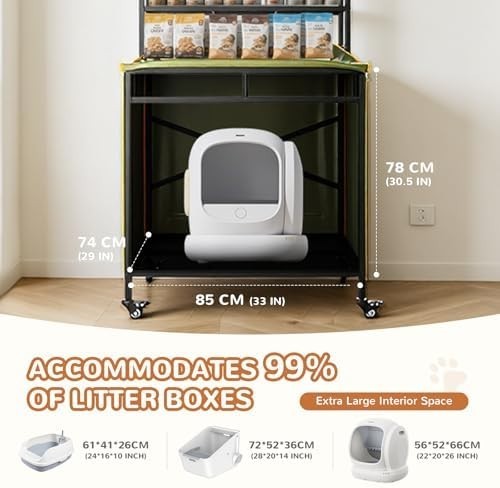 Hidden Cat Litter Box Cabinet with Wheels & Storage, Waterproof Green Enclosure