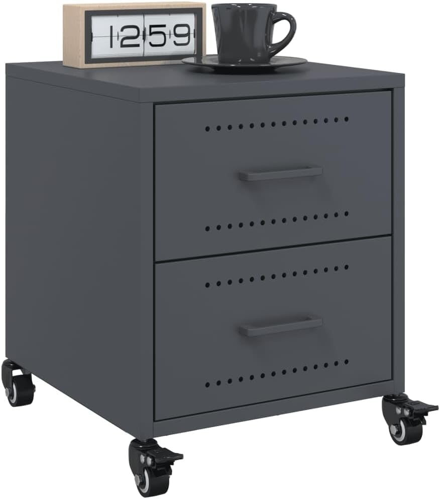 Set of 2 Grey Metal Bedside Tables with Wheels | Modern Mobile Nightstands