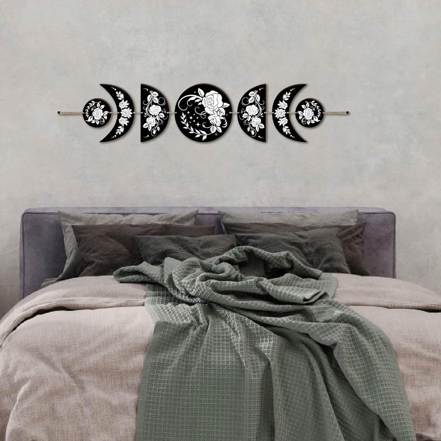 Rose Moon Phase Wall Hanging Boho Wooden Witchy Decor 7pcs