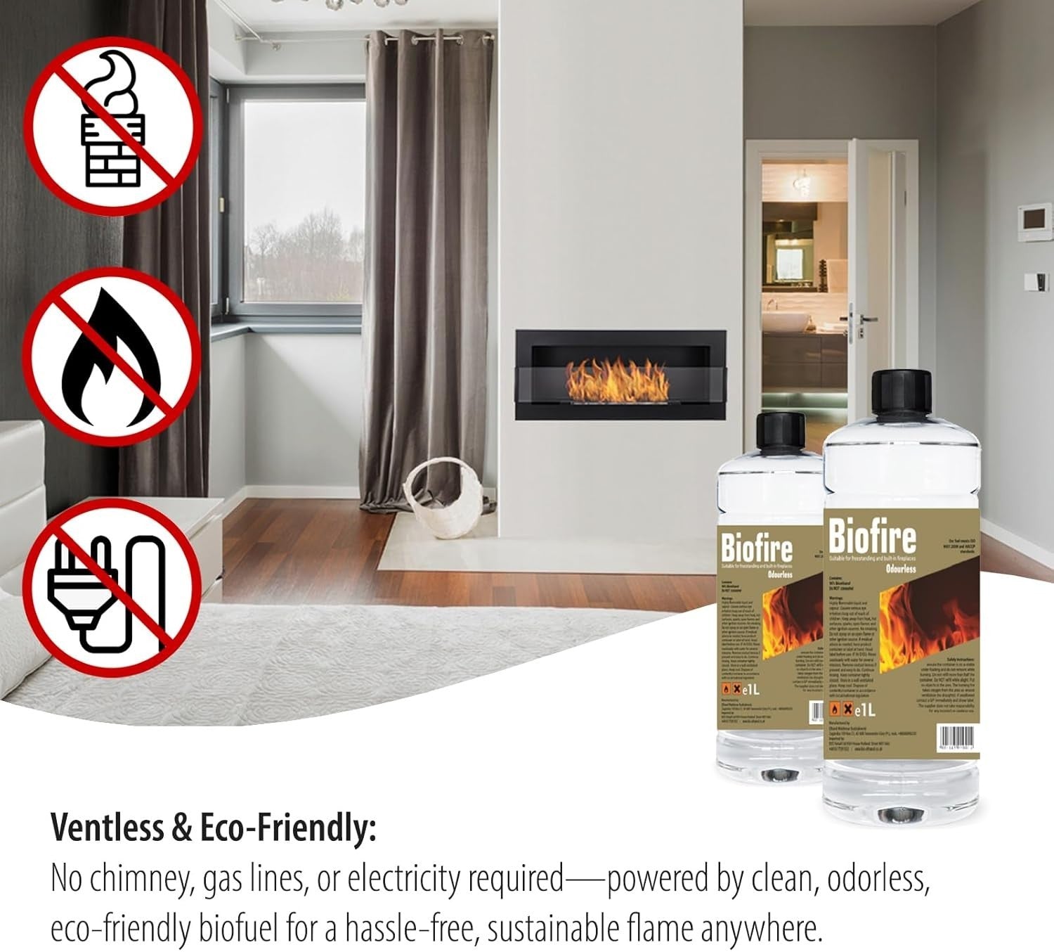Wall-Mount Bio Ethanol Fireplace Modern Black Glass with Flame Effect