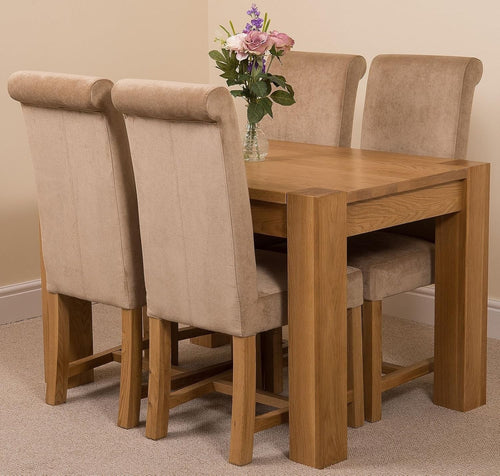 Oak Dining Table & 4 Beige Chairs Set | Small Space Kitchen Dining Room