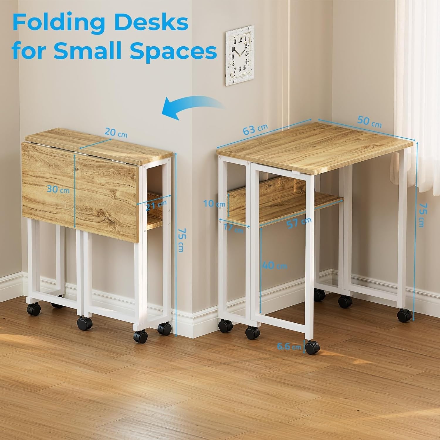 Small Folding Desk with Storage Shelf Rolling Computer Desk for Home Office