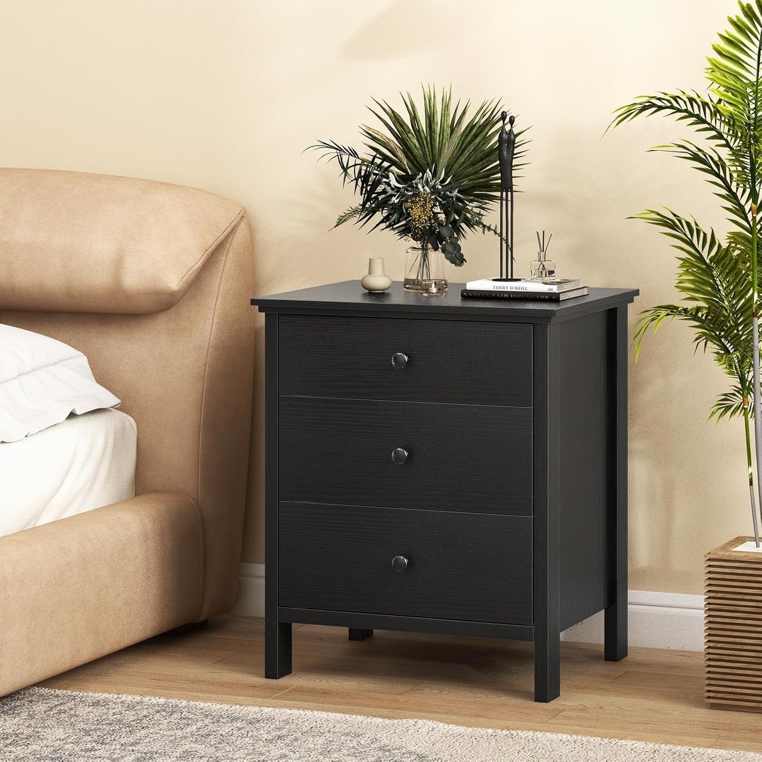 Modern Black 3 Drawer Bedside Table | Wooden Nightstand with Storage Drawers