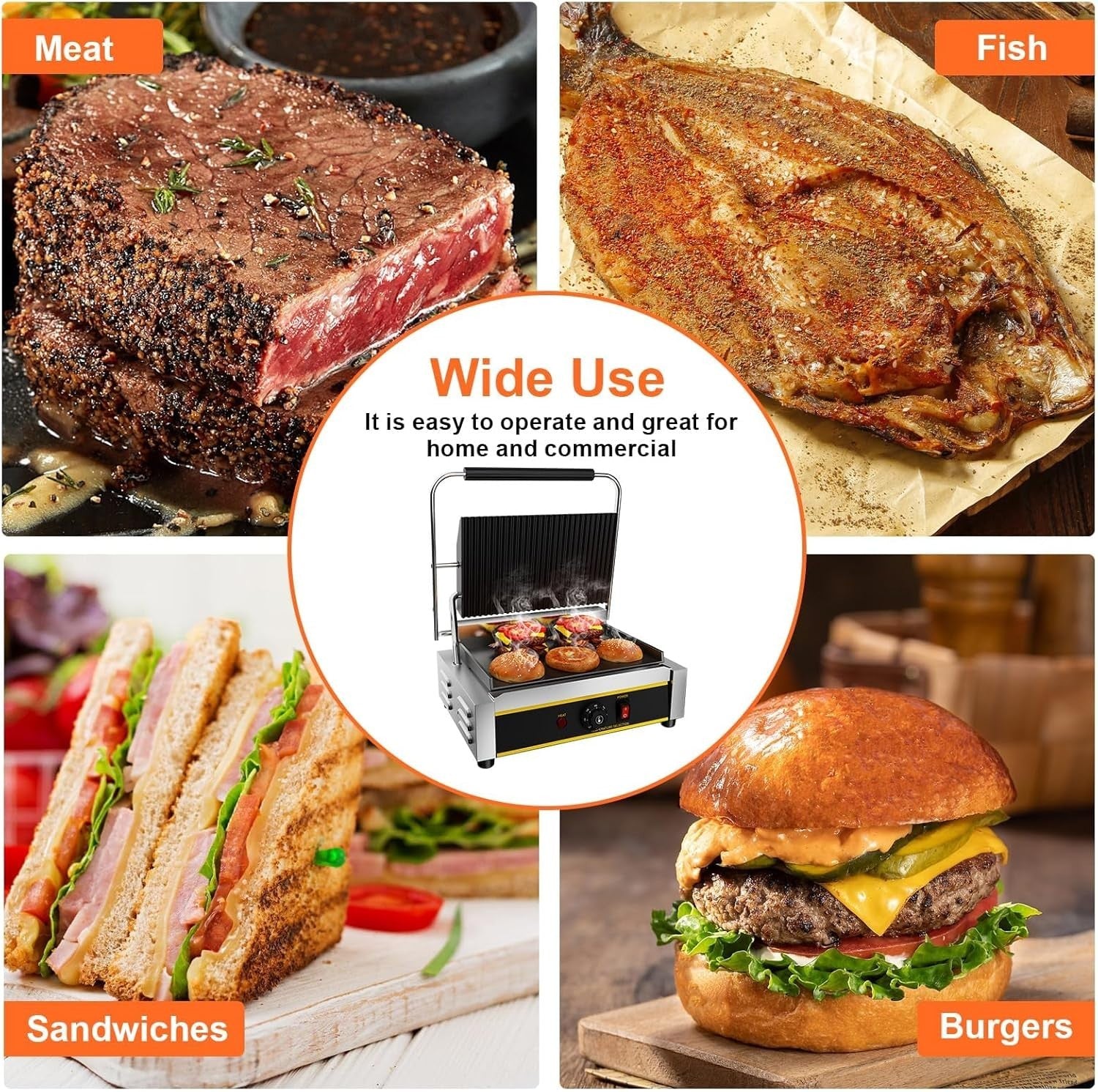 Commercial Panini Press 42.8x31x19.2cm Cast Iron Grill Sandwich Maker single rib