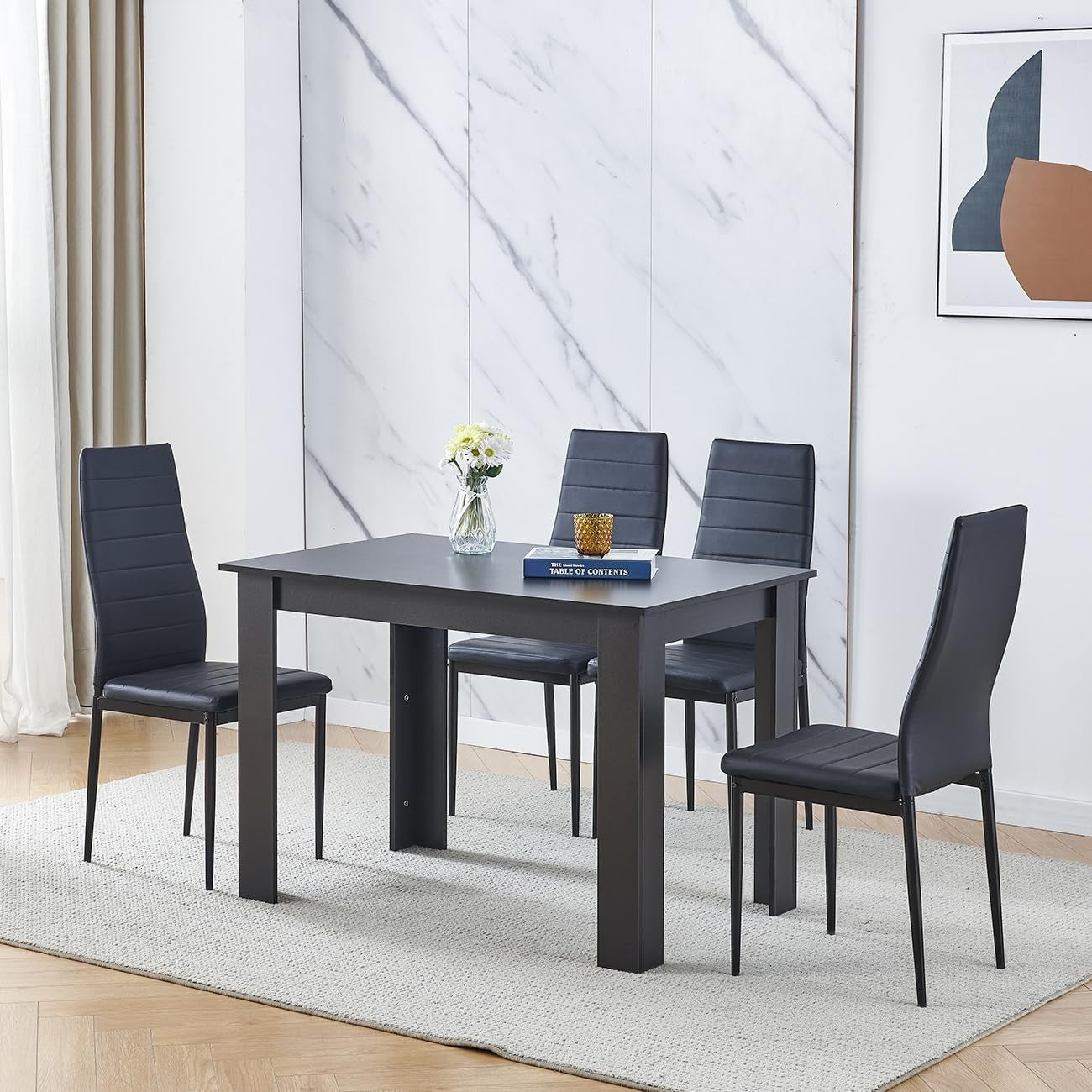 Black Leather Dining Set 5-Piece | Modern Kitchen Table & Chairs