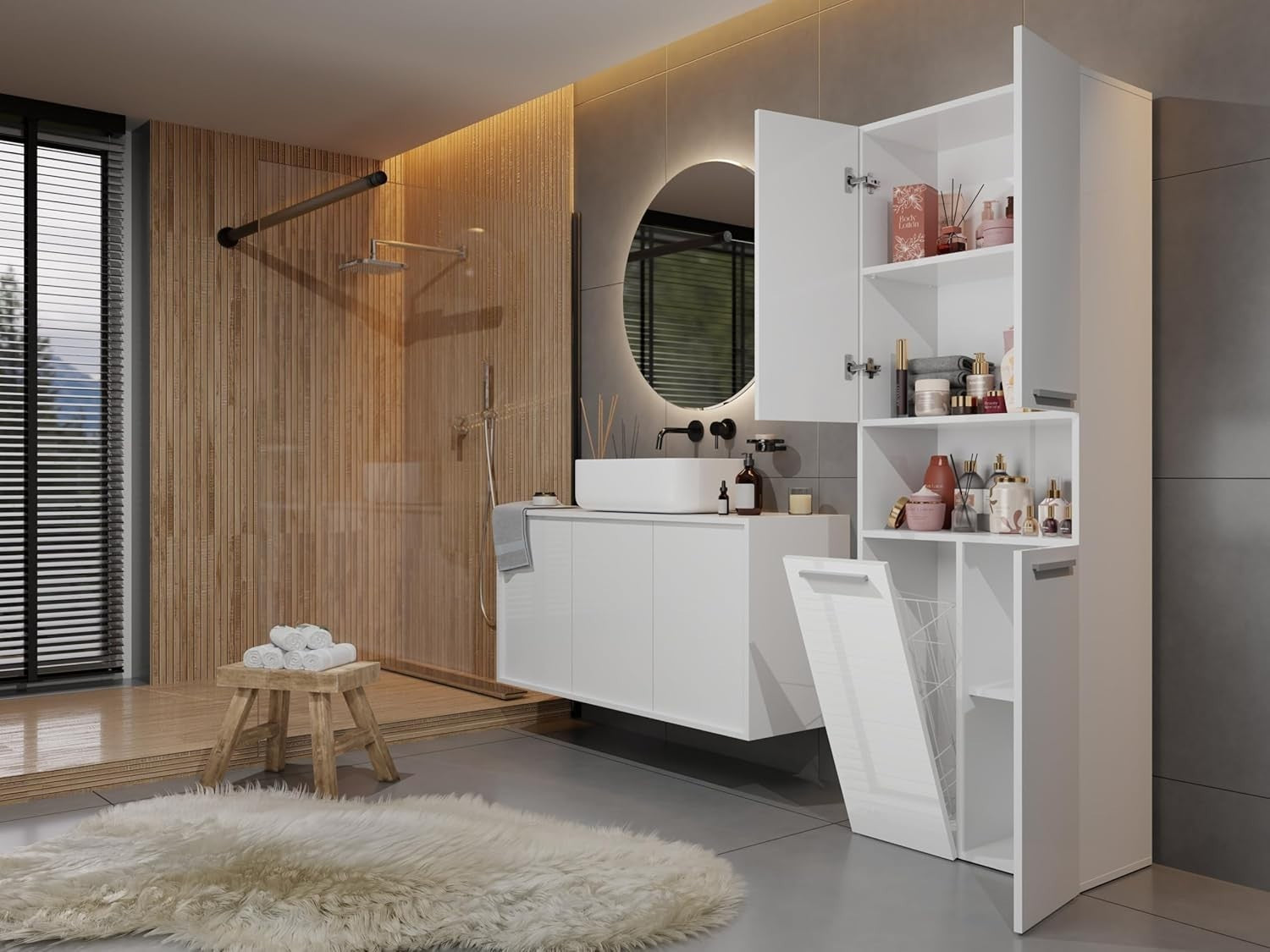 Modern White Gloss Bathroom Tall Storage Cabinet with Laundry Basket
