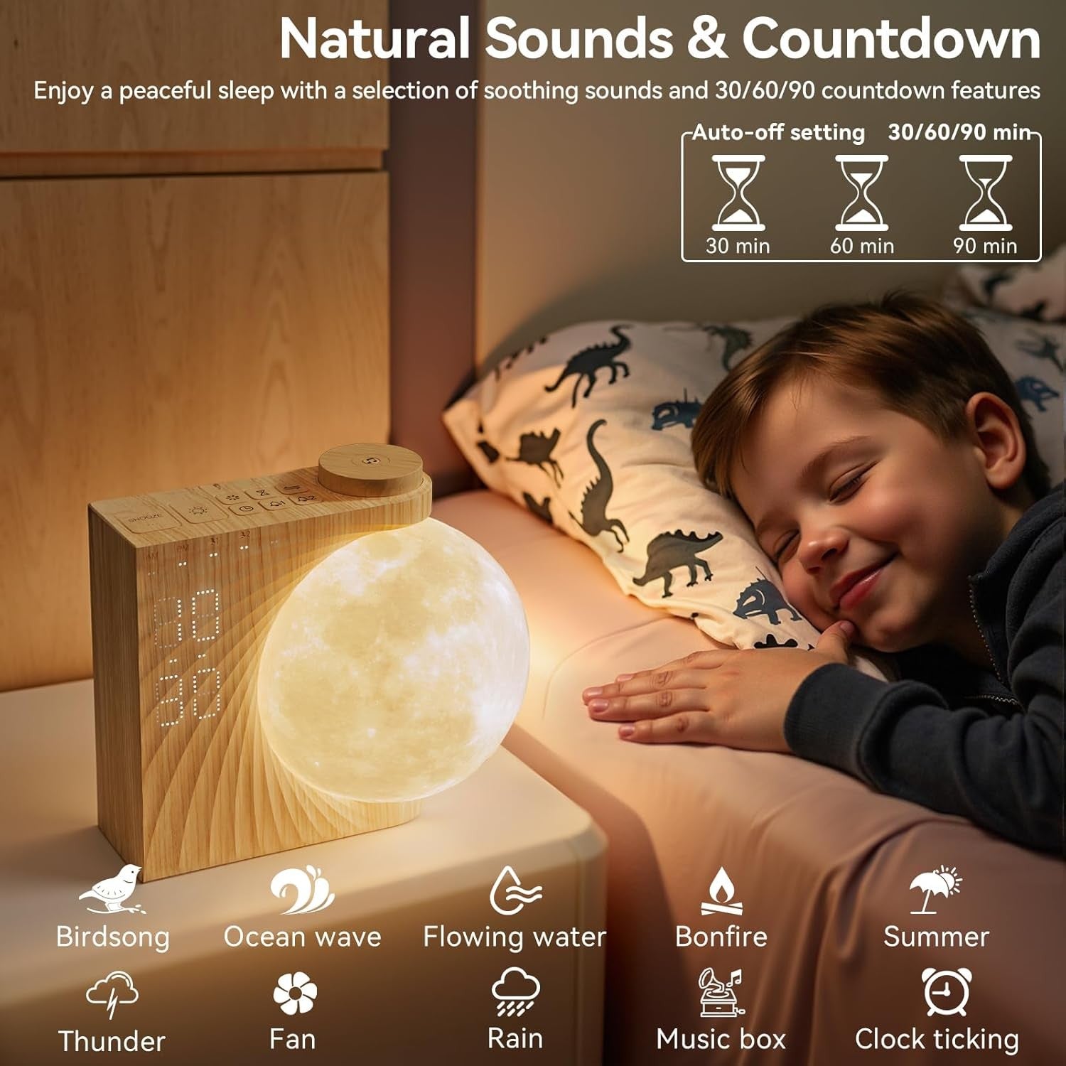 Warm White 3D Moon Light Alarm Clock Sunrise RGB Night Lamp Dual Alarm