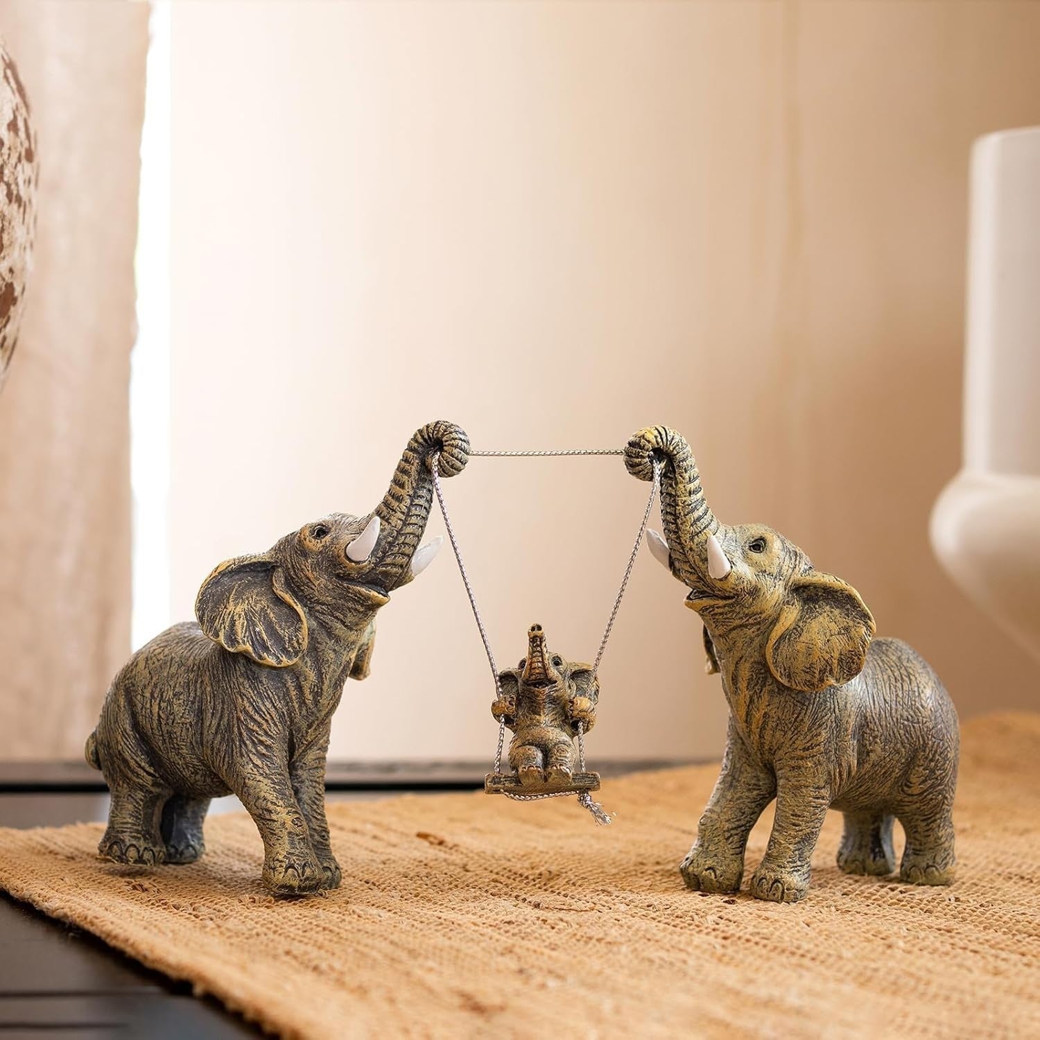 Beige Elephant Figurine Set Resin Good Luck Home Decor Table Centerpiece Gift