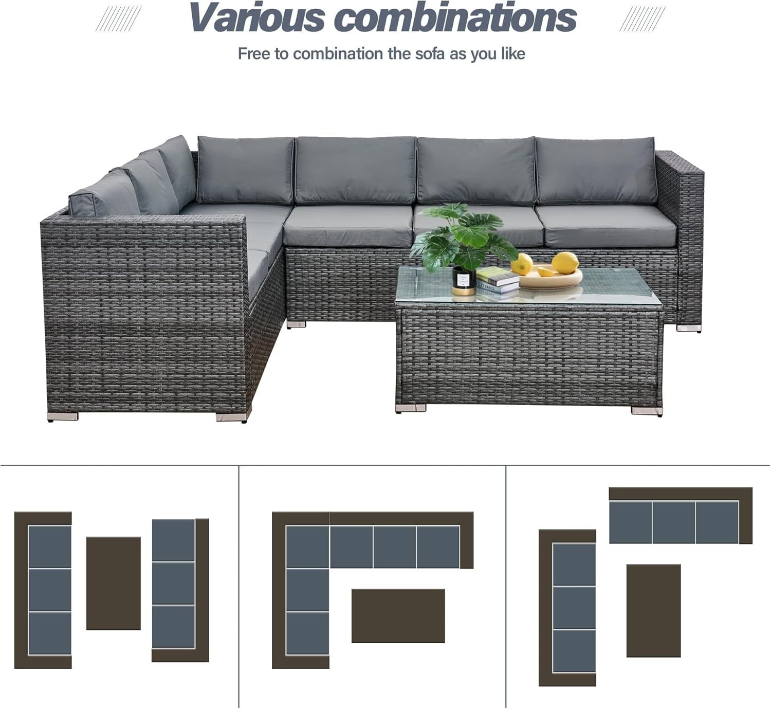 6 Seater Rattan Corner Sofa Set Patio Garden Furniture with Glass Table
