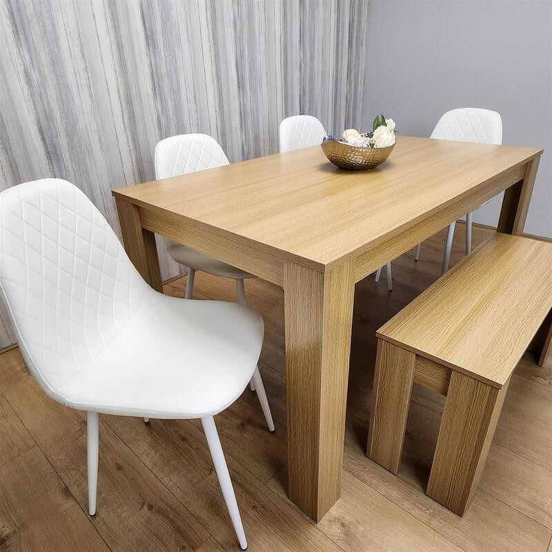 Oak Dining Table Set with 4 White Faux Leather Chairs & Bench, 6 Seater
