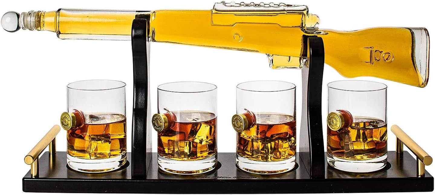 Shotgun Whiskey Decanter Set 1L with 4 Bullet Glasses Display Rack Gift