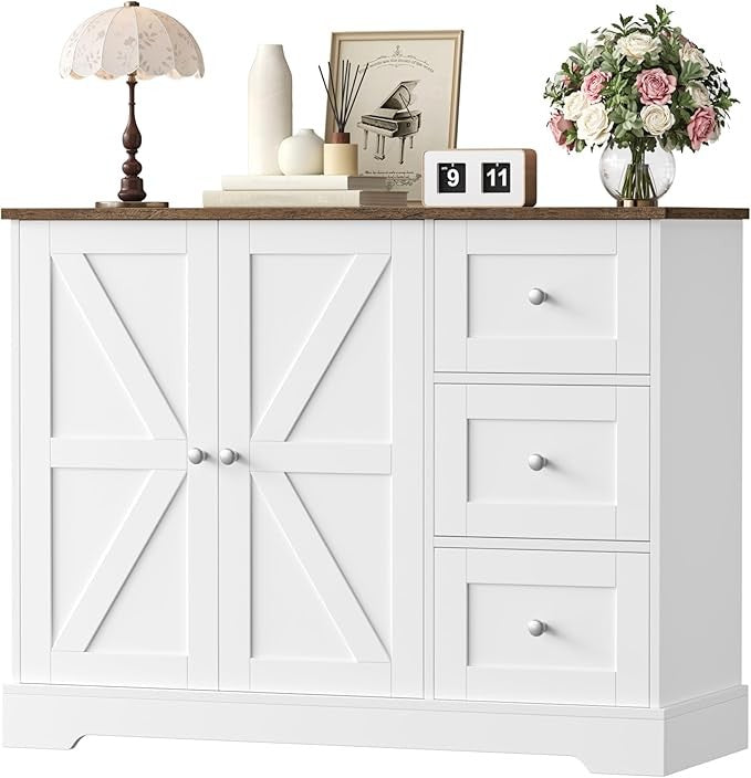 White & Brown Sideboard Cabinet with 3 Drawers & 2 Doors, Wooden Storage Unit
