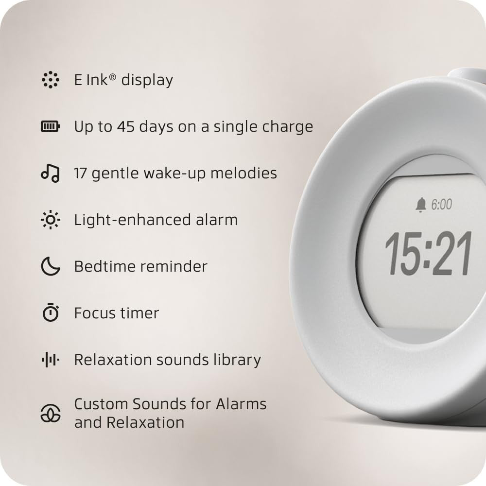 Digital Daylight Alarm Clock E-Ink Display Meditation Sounds Sunrise Grey