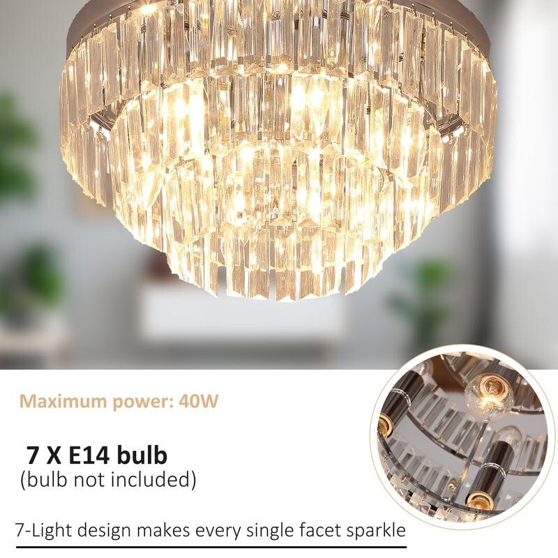 Modern Crystal Chandelier Ceiling Light 7 Bulb Flush Mount 40cm for Lounge