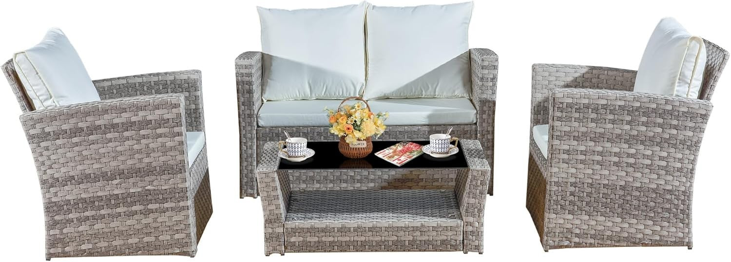 Rattan Garden Sofa Set 4pc Grey Chairs Glass Table Cushions Patio Use