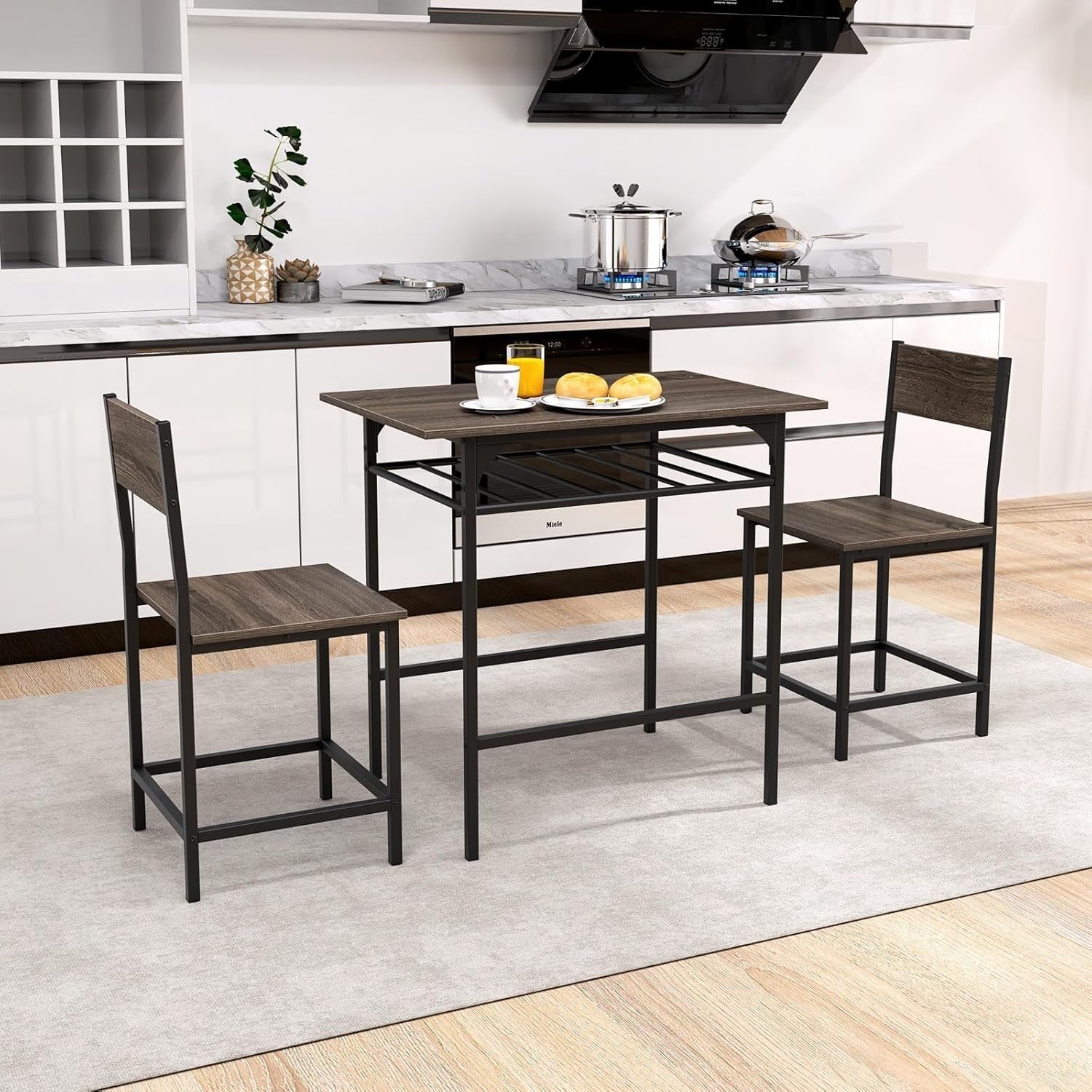 Grey 3-Piece Dining Table Set with 2 Chairs & Storage Rack Kitchen Bistro
