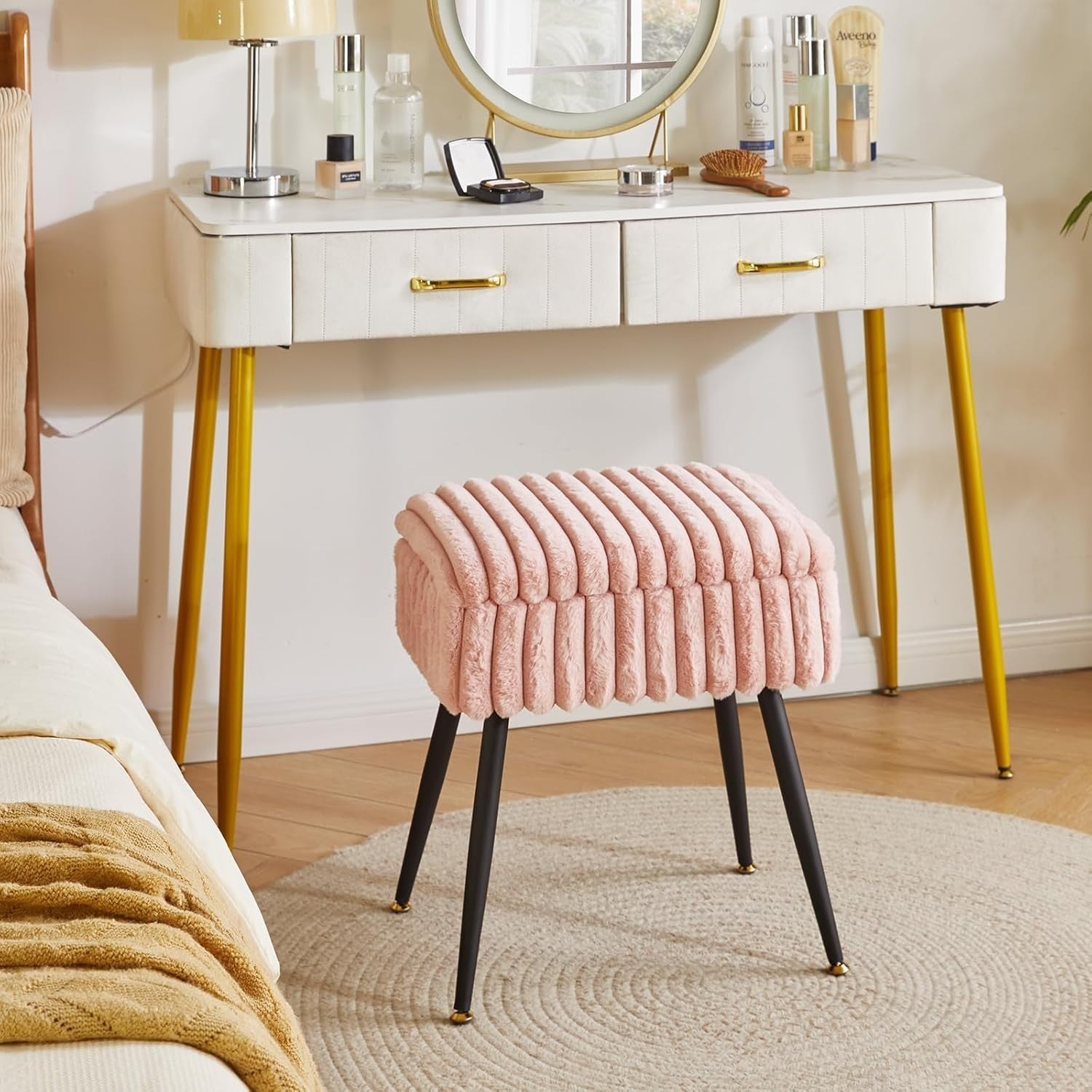 Pink Velvet Vanity Stool with Storage – Rectangular Ottoman Seat