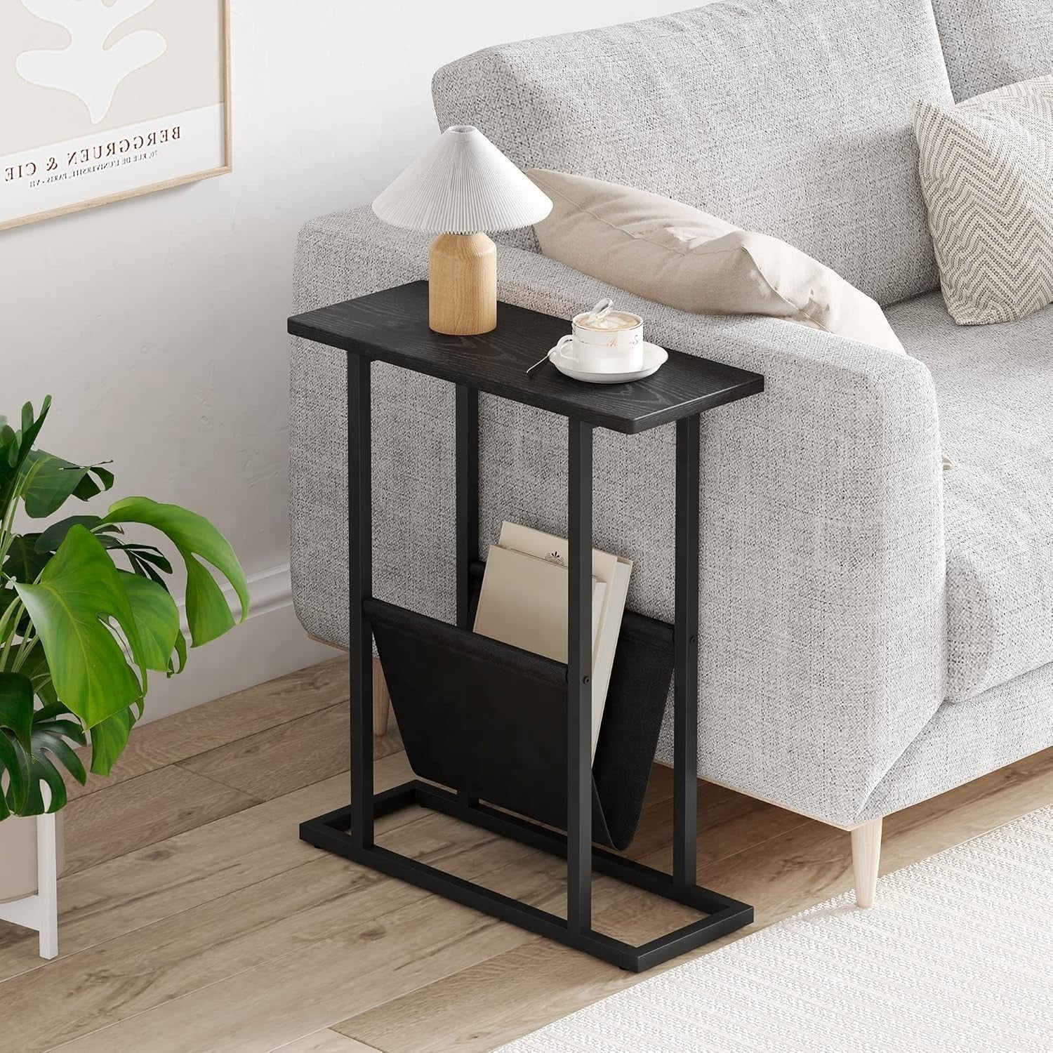 Narrow Black Side Table with Storage Bag Slim Sofa Bedside Small Space 18x45x54