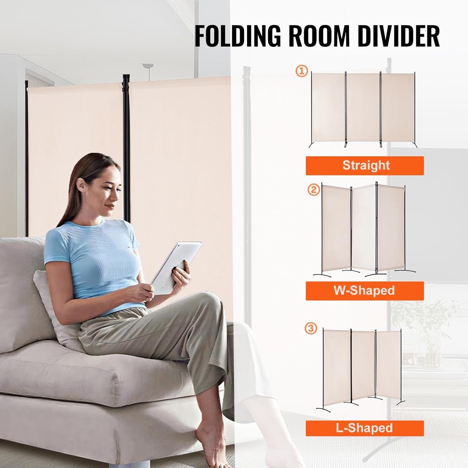 3 Panel Beige Folding Room Divider Privacy Screen Partition 260x184cm