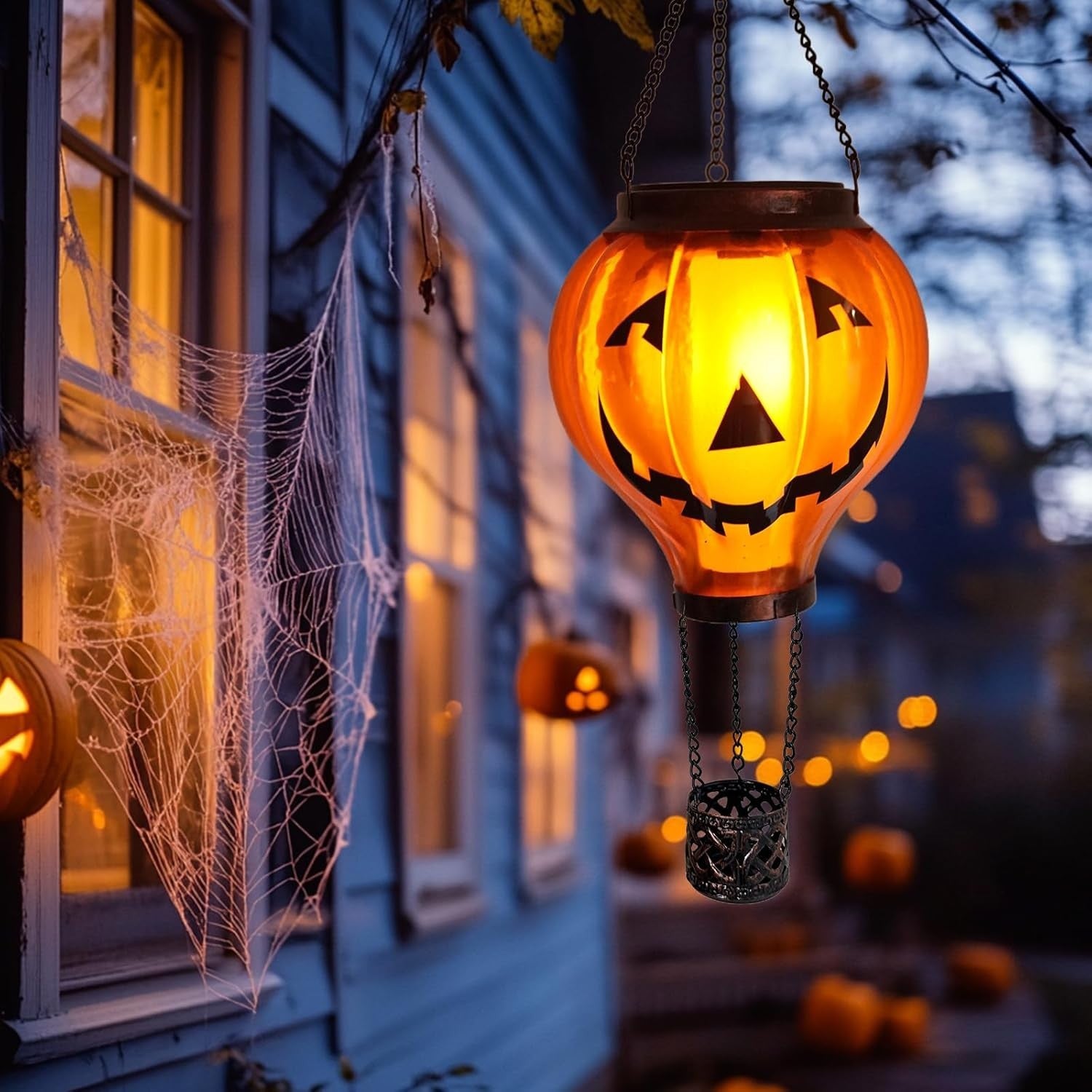 Halloween Pumpkin Hot Air Balloon Solar Lantern LED Flicker Light Outdoor Decor