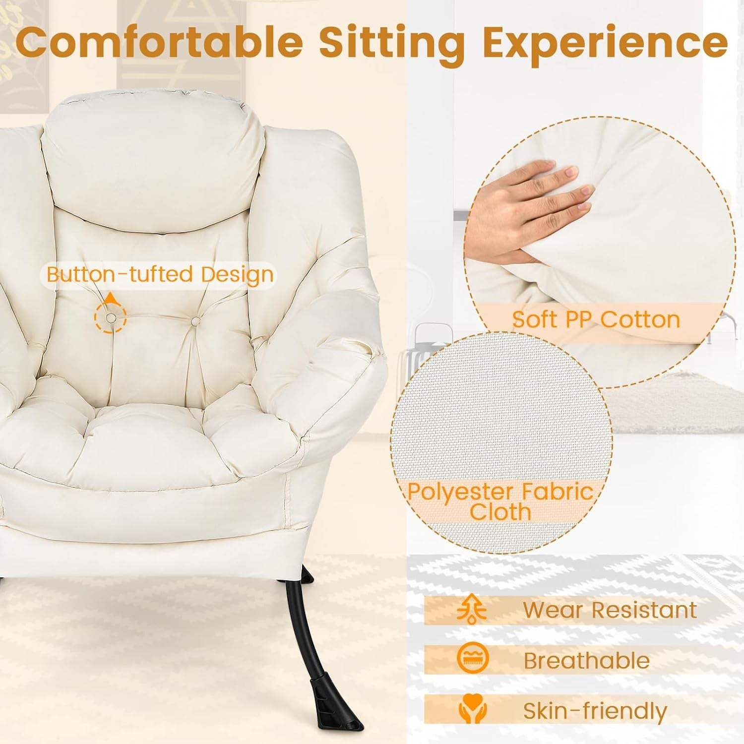 Fabric Lounge Armchair Comfy Reading Chair Side Pocket Beige
