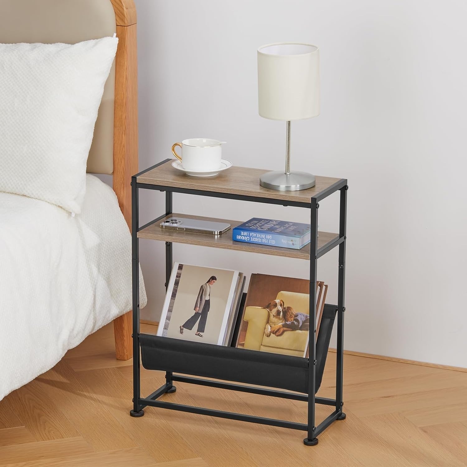 Slim Oak Side Table with Storage – Narrow Sofa End Table + Magazine Rack