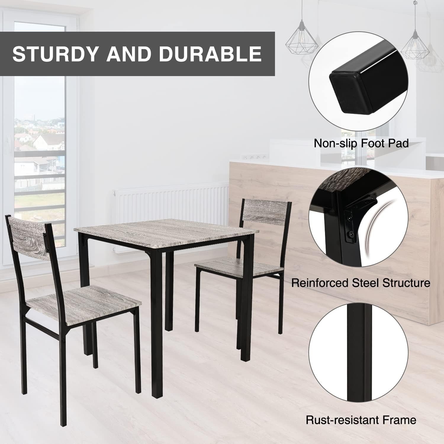 3 Piece Small Dining Table Set w/ 2 Chairs | Grey Wood Effect, Space Saver