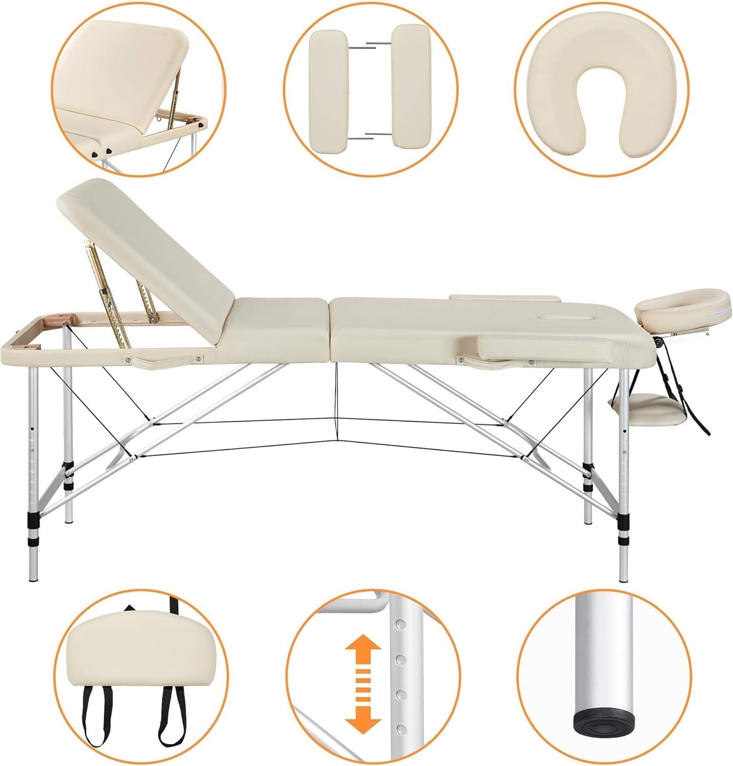 70cm 3-Section Portable Massage Table | Foldable Cream Lash Beauty Bed Aluminium