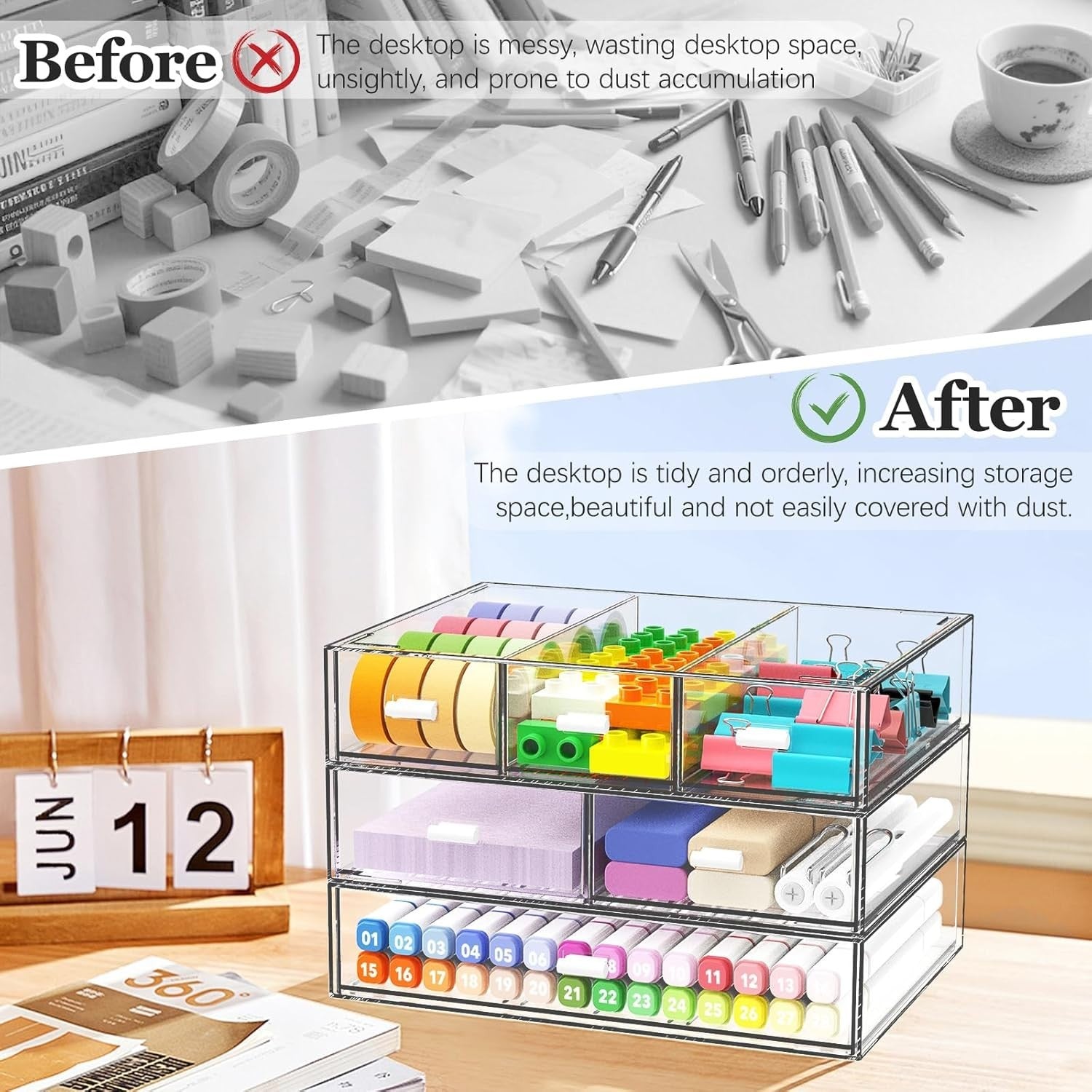 3 Tier Clear Desk Organizer 6 Drawers Stackable Storage Box Office Home