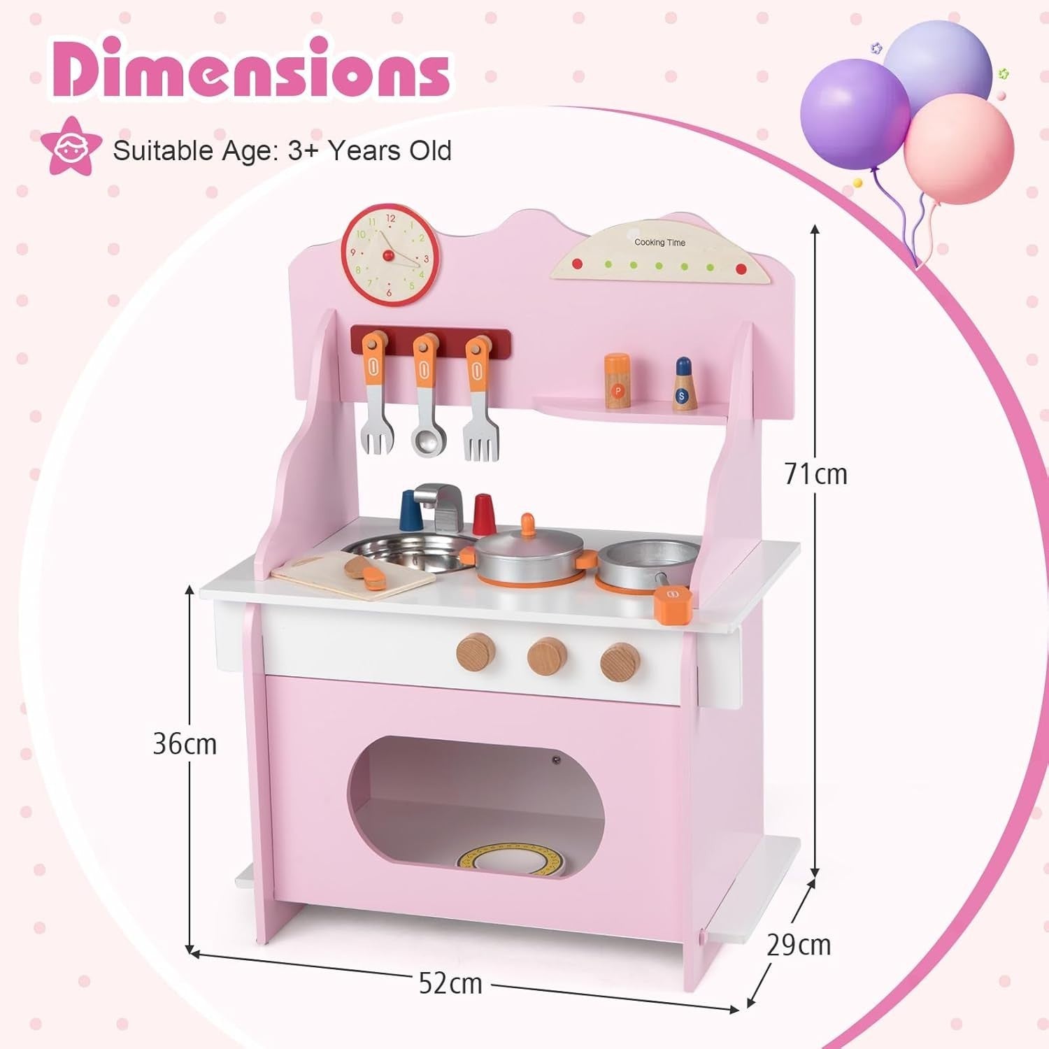 Wooden Kids Play Kitchen Pink Toy Set Stove Sink Oven Accessories